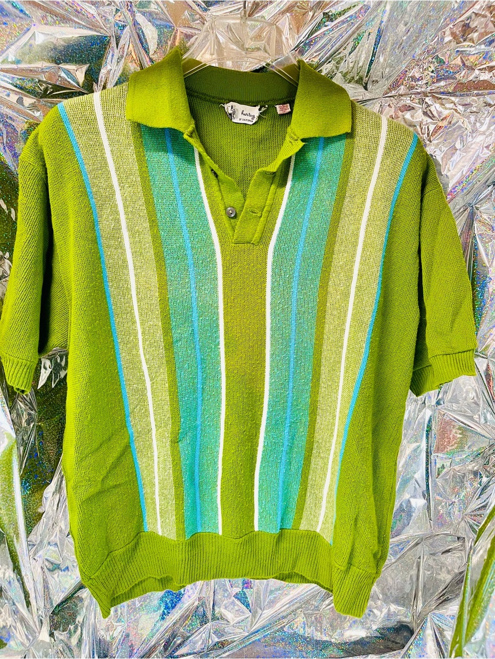 Vintage Hartog of California Green Short Sleeve Knit Polo with Shoulder Stripes